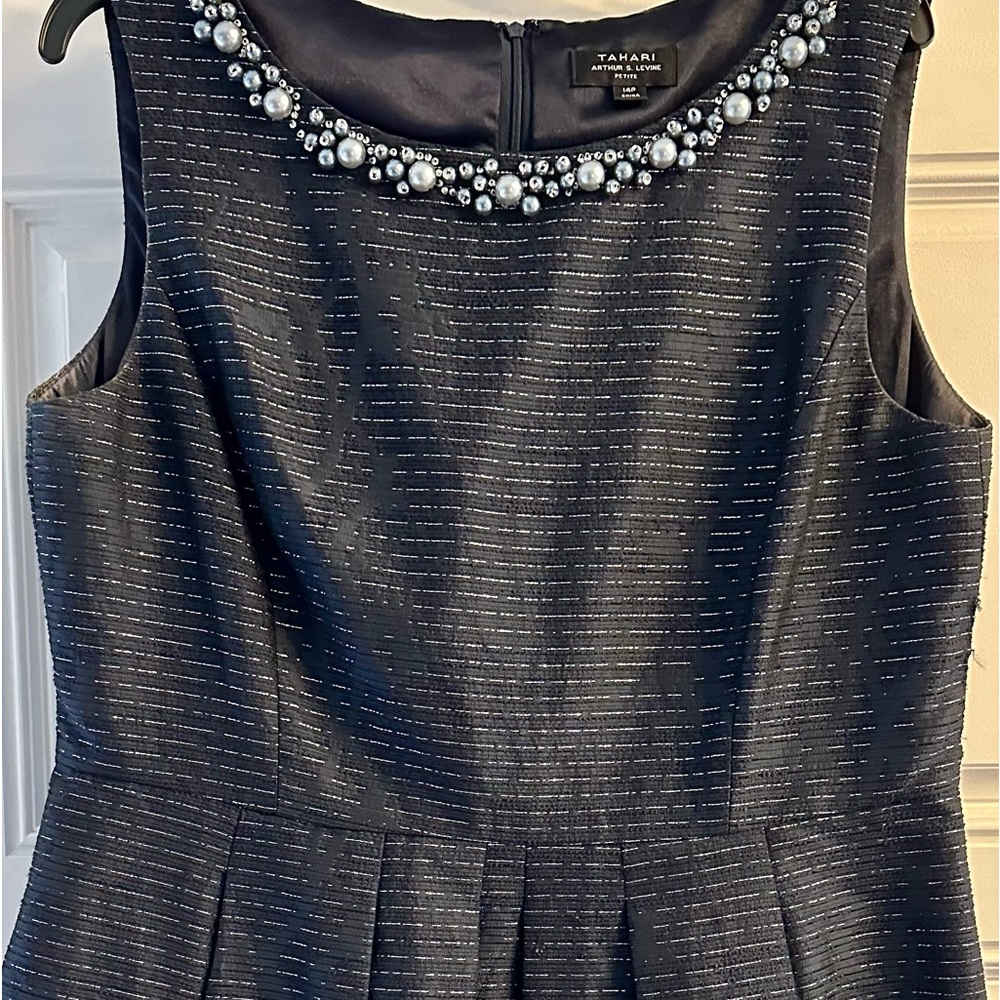 Designer Tahari Arthur S. Levine -
Navy Blue Silver Stripe Fit and Flare Dress